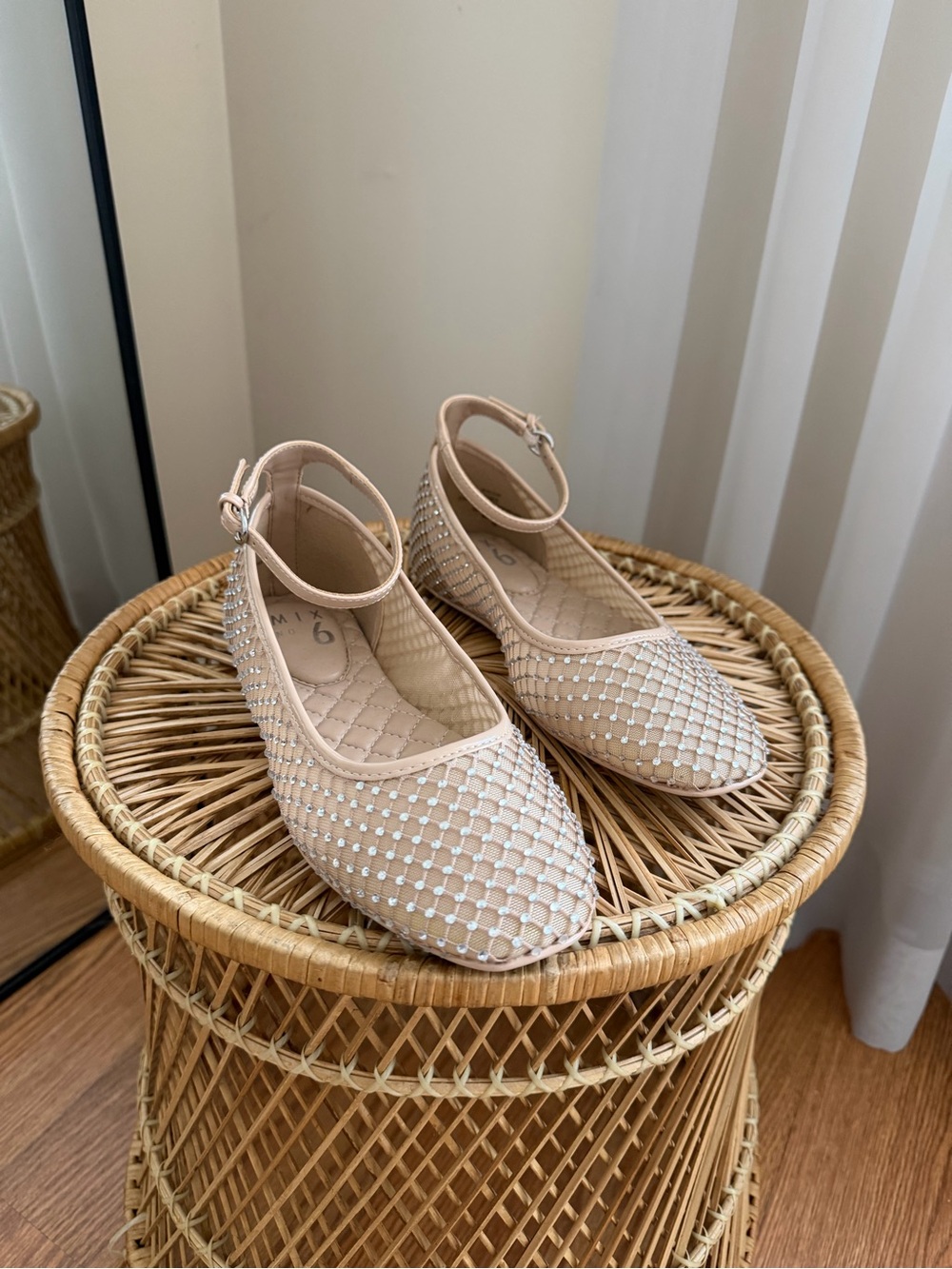 Mix No 6 Nude Crystal Embellished Ankle-Strap Mesh Flats Size 5.5